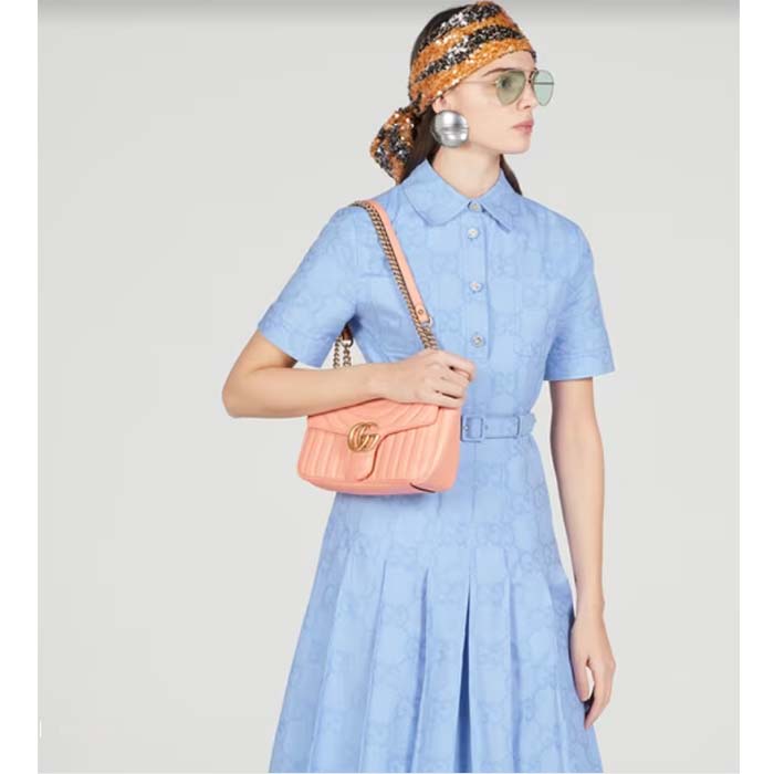 Gucci Women GG Marmont Small Shoulder Bag Peach Matelassé Round Leather