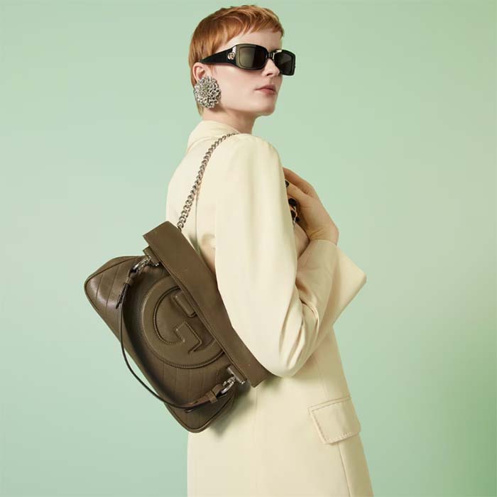 Gucci Women GG Blondie Small Tote Bag Brown Leather Round Interlocking G