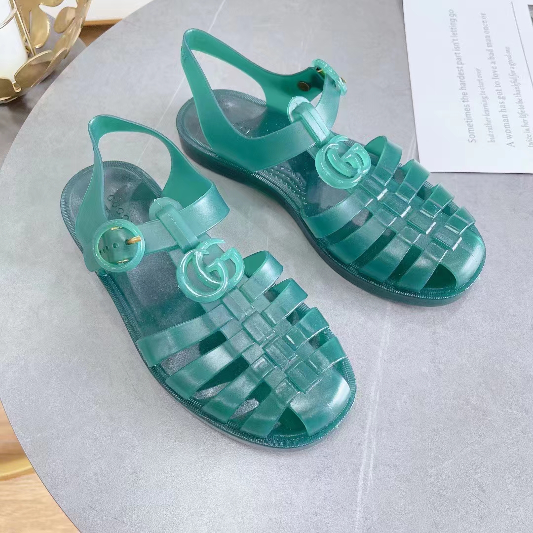 Gucci Unisex GG Sandal Double G Transparent Green Rubber Sole Ankle Buckle Flat