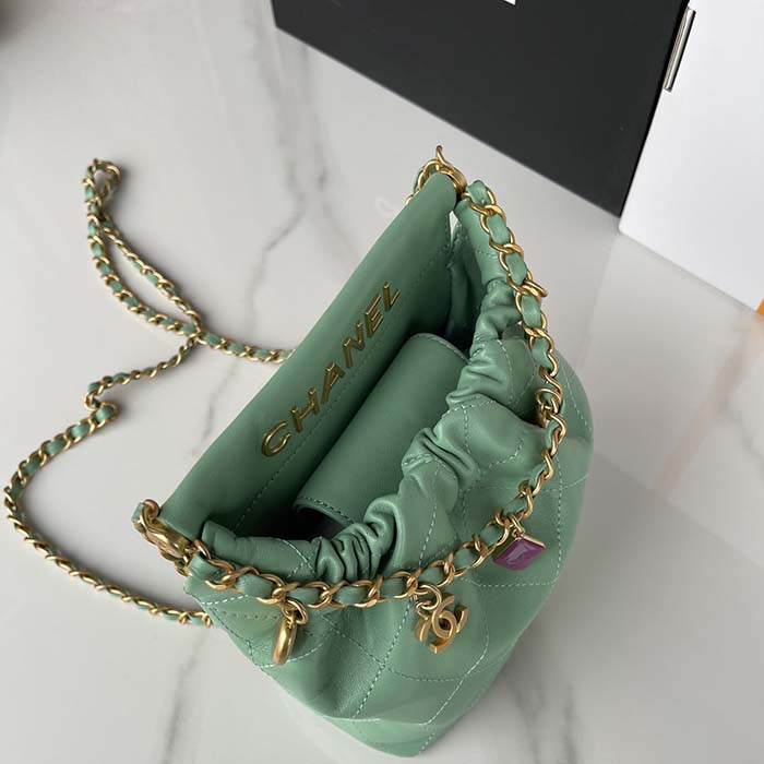 Chanel Women CC Small Bucket Bag Lambskin Resin Gold-Tone Metal Light Green