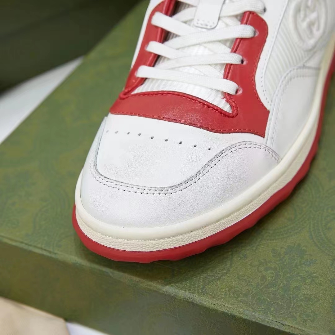 Gucci Unisex GG MAC80 Sneaker Off White Red Leather Round Toe Rubber Flat