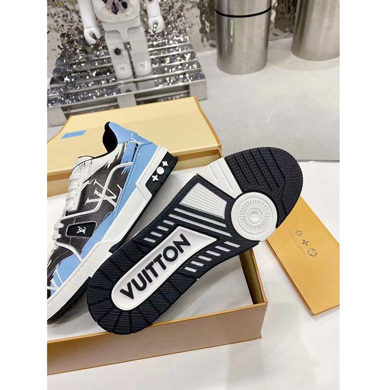 Louis Vuitton LV Unisex Trainer Sneaker Blue Printed Calf Leather Rubber Outsole