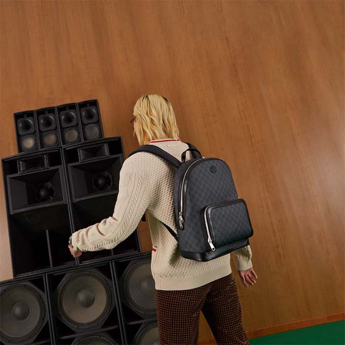 Gucci Unisex Backpack Interlocking G Black GG Supreme Canvas Leather Top Handle