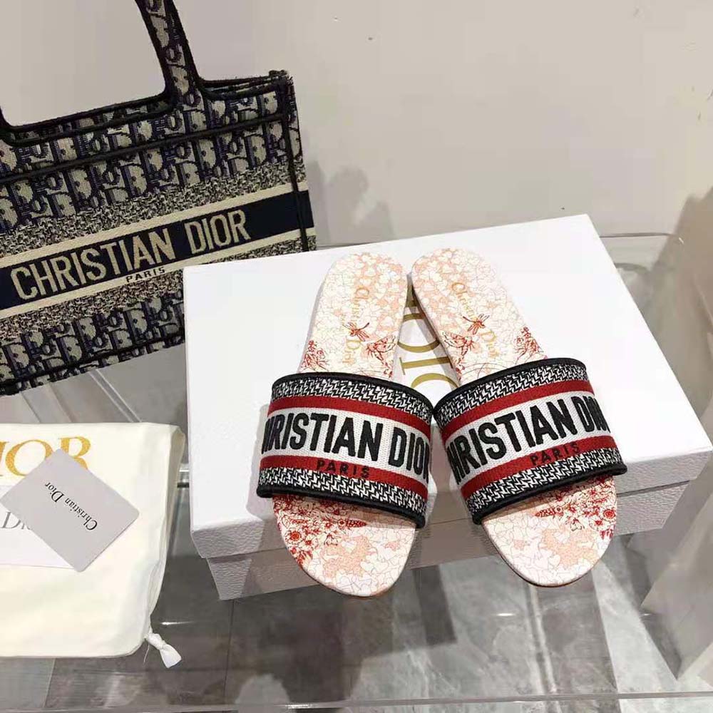 Dior Women Dway Dioramour Slide White and Red D-Royaume D Amour Embroidered Cotton