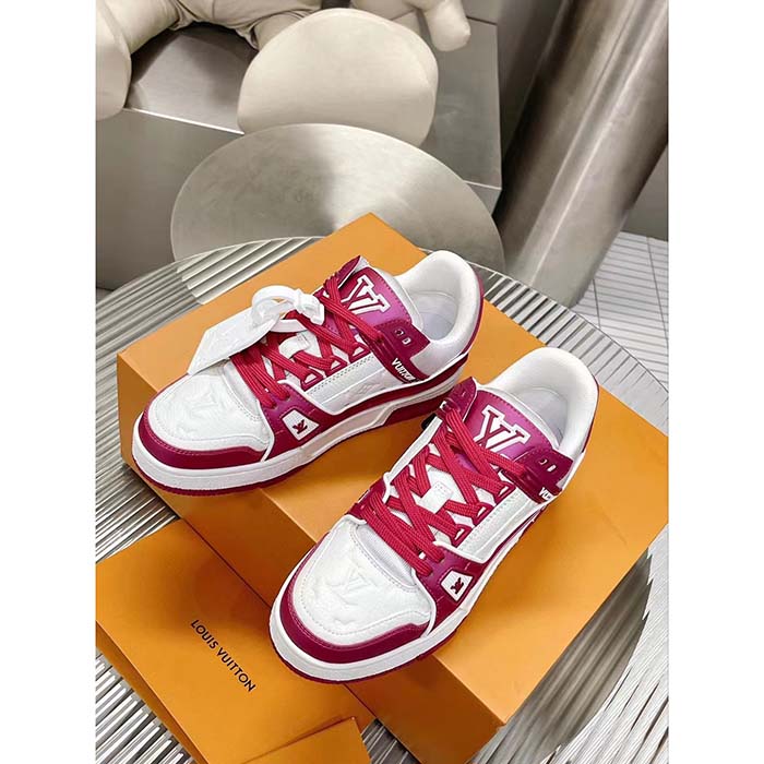 Louis Vuitton Unisex LV Trainer Sneaker Fuchsia Mix Materials Rubber Outsole Initials Monogram Flowers