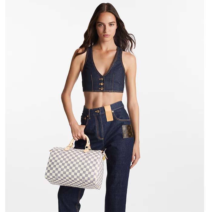 Louis Vuitton LV Unisex Speedy 30 Damier Azur Coated Canvas Natural Cowhide Leather