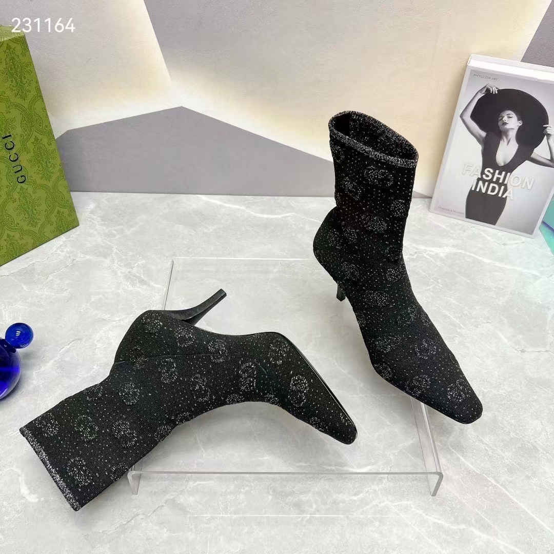 Gucci Women GG Knit Ankle Boots Black Grey Technical Knit Fabric Square Toe Leather Mid-Heel