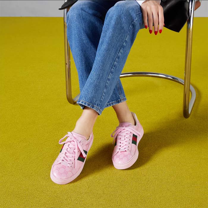Gucci Women GG Ace Sneaker Web Pink GG Crystal Canvas Rubber Low-Heel