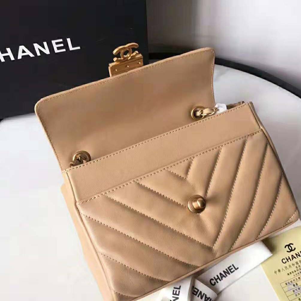 Chanel Women Flap Bag with Top Handle in Calfskin-Sandy
