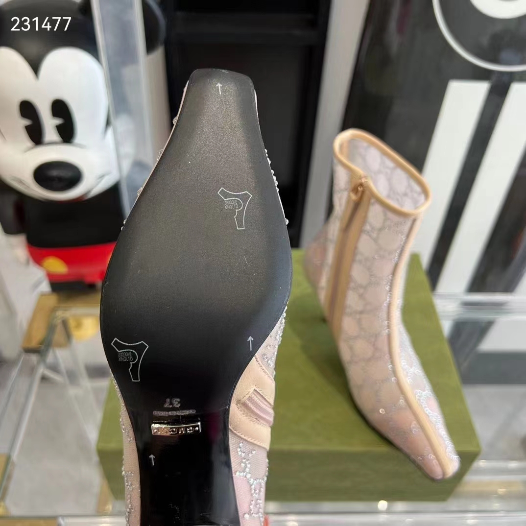 Gucci Women GG Mid-Heel Boot Rose Beige GG Crystal Mesh Leather Sole Pointed Toe