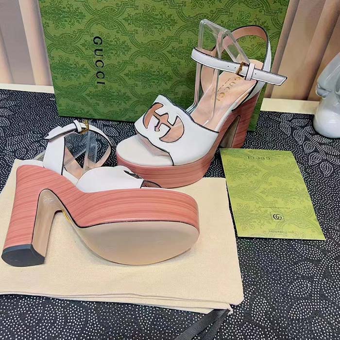 Gucci Women GG Interlocking G Sandal White Leather Wooden High 12 Cm Heel