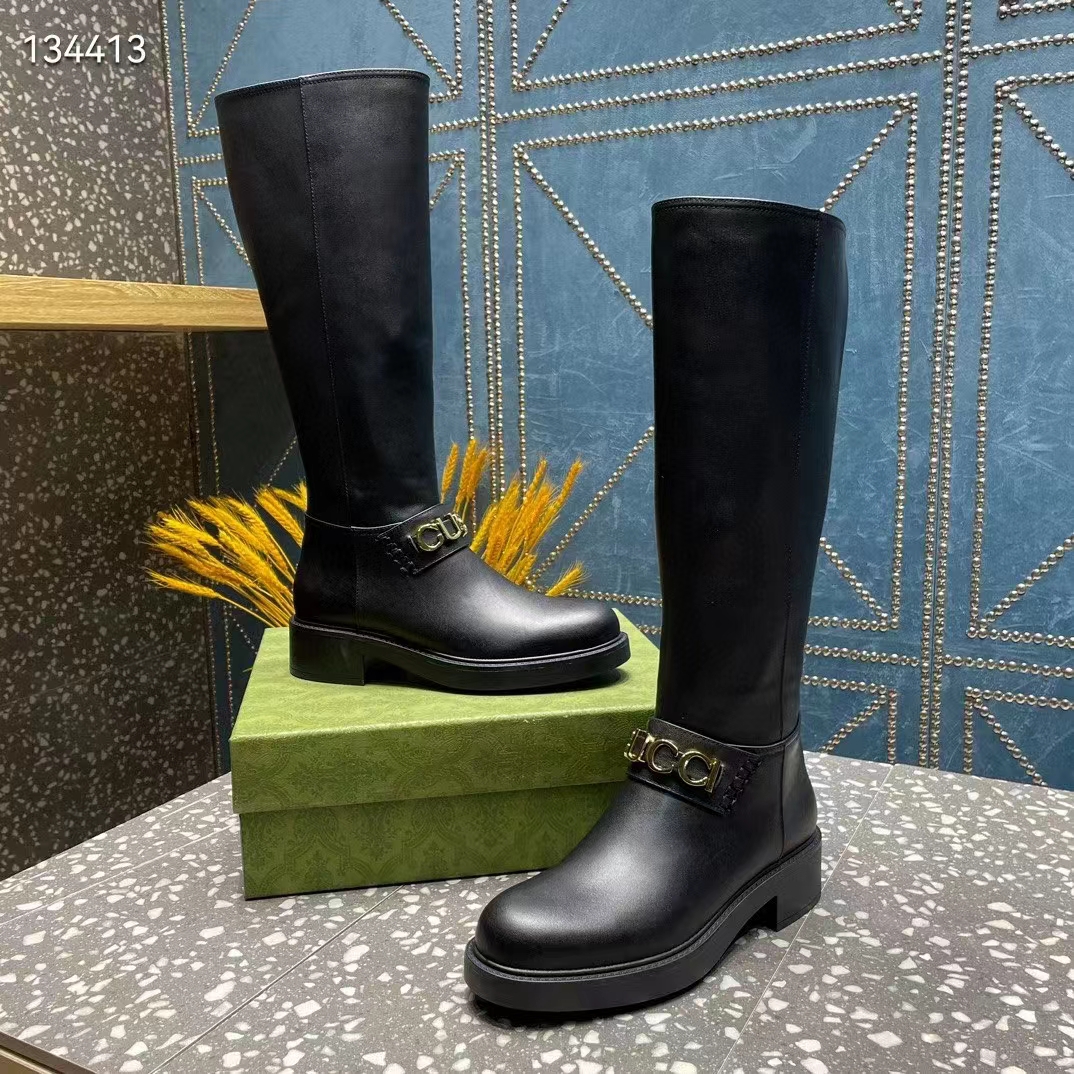 Gucci Women GG Gucci Boot Black Leather Rubber Sole Side Zip Closure Flat 2.3 CM Heel