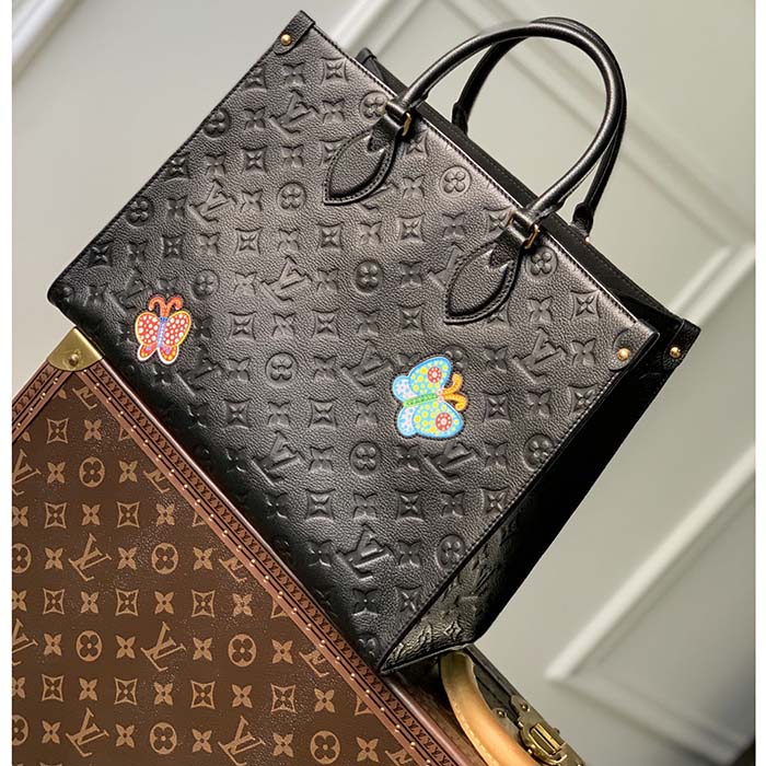 Louis Vuitton LV Women LV x YK OnTheGo MM Black Embossed Grained Monogram Cowhide Leather Flower