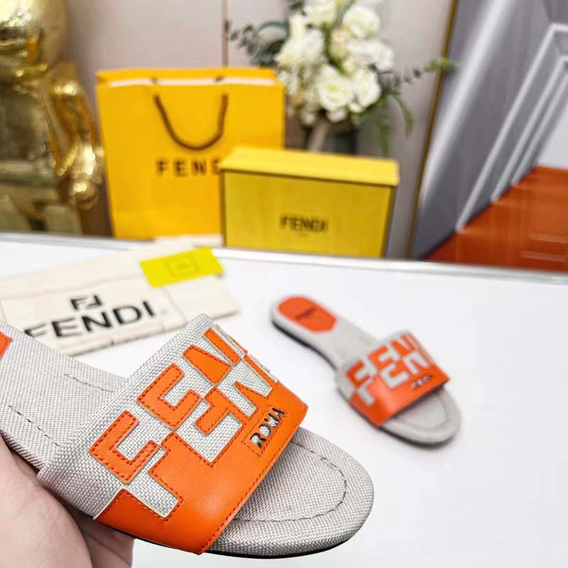 Fendi Women FF Signature Canvas Brown Leather Slides 1 Cm Heel