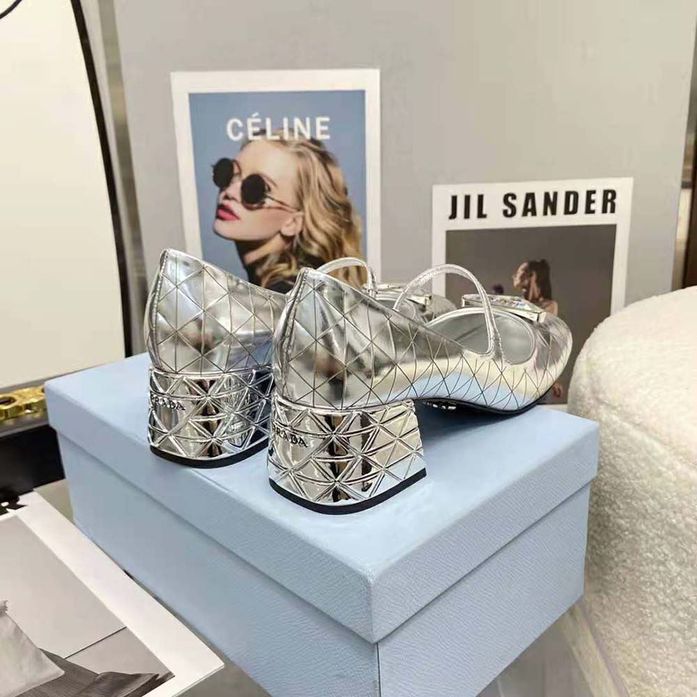 Prada Women Metallic Leather Pumps in 45mm Heel Height-Silver