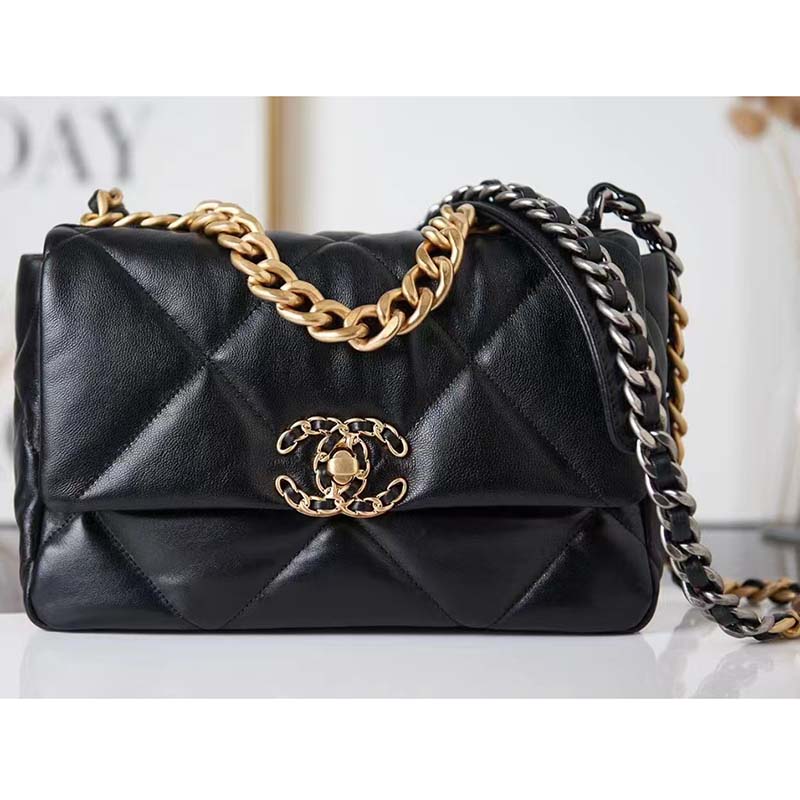 Chanel Women 19 Large Handbag Black Lambskin Gold Silver-Tone Ruthenium-Finish Metal