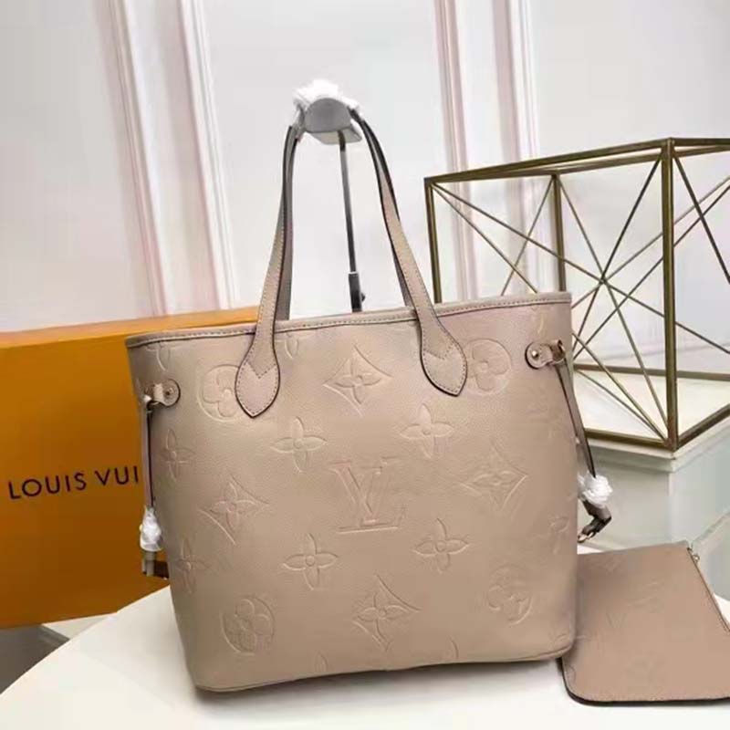 Louis Vuitton LV Women Neverfull MM Tote Beige Embossed Cowhide Leather