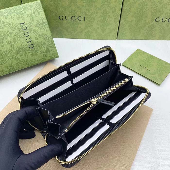 Gucci Unisex GG Marmont Zip Around Wallet Black Matelassé Leather Double G