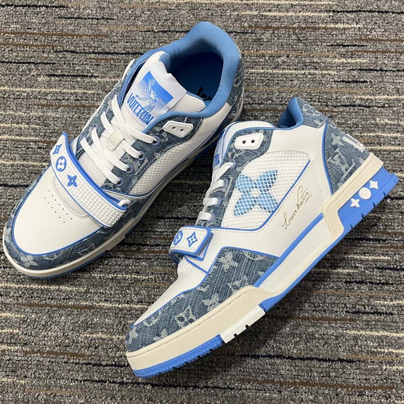Louis Vuitton Unisex LV Trainer Sneaker Blue Monogram Denim Rubber Monogram Flowers