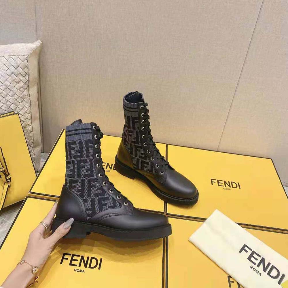 Fendi Women Rockoko Black Leather Biker Boots with Stretch Fabric