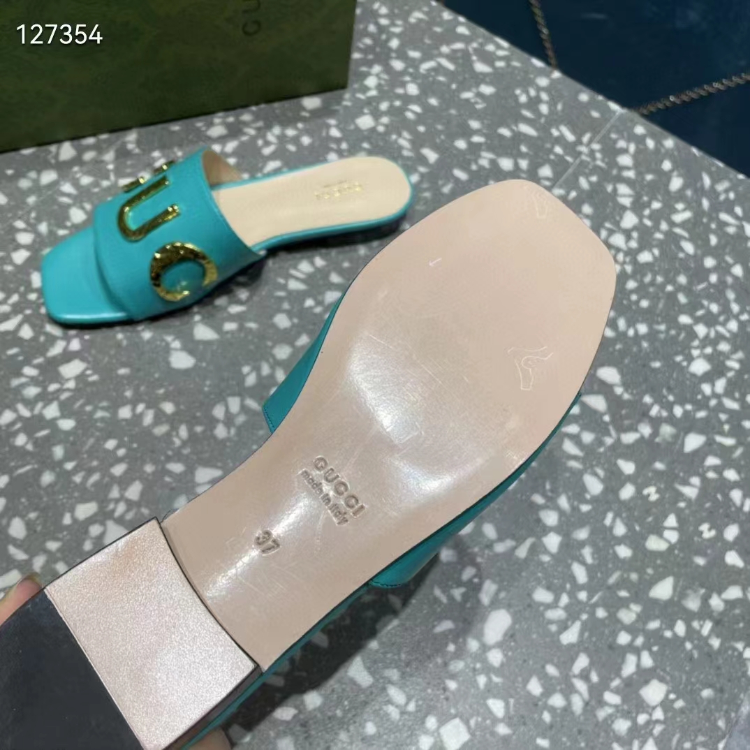 Gucci Women GG Slide Sandal Turquoise Leather Textured Logo Star Flat 1 Cm Heel
