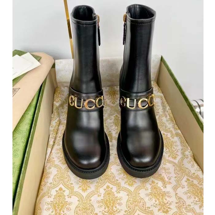 Gucci Women GG Gucci Boot Black Leather Script Rubber Sole Side Zip Closure Mid-Heel