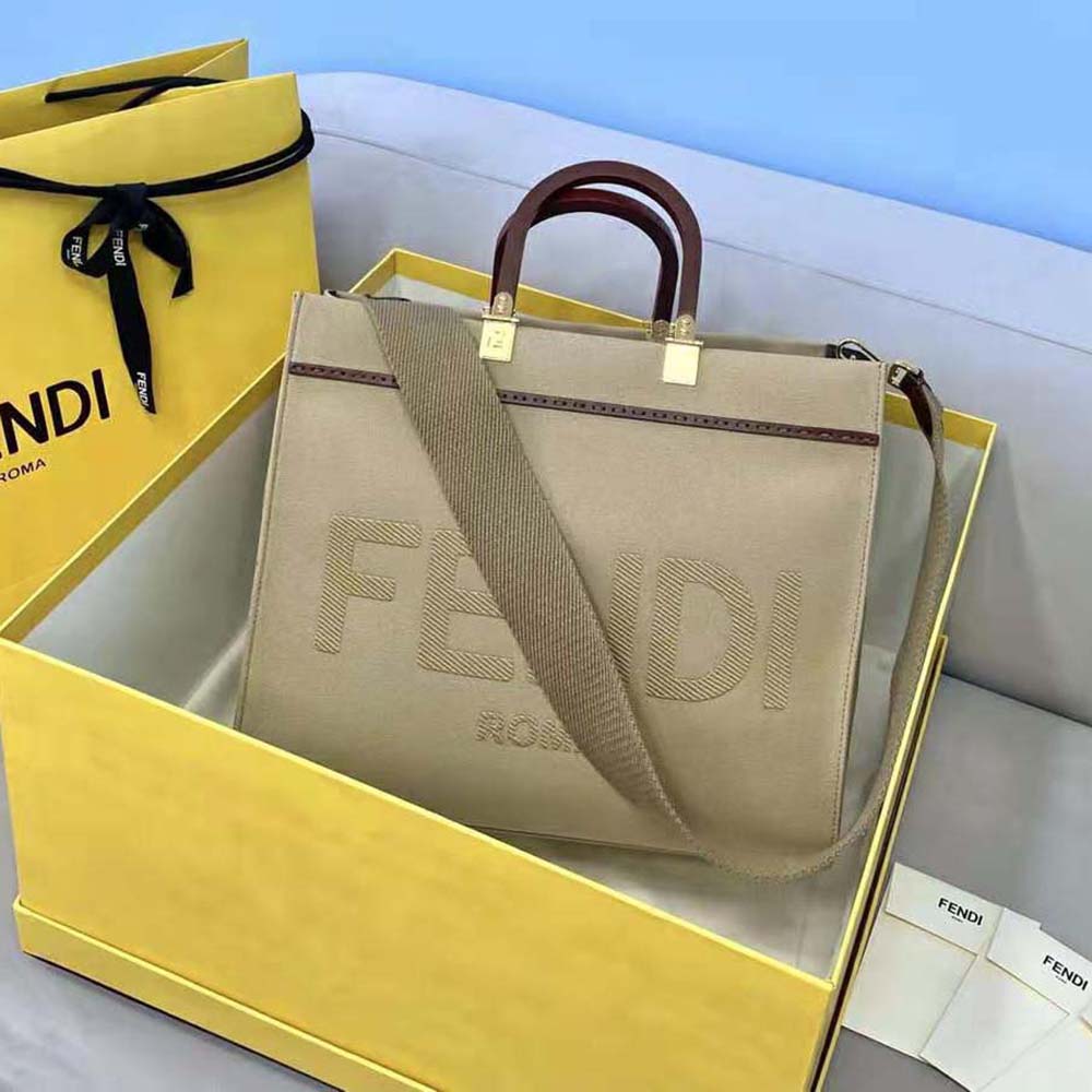 Fendi Women Fendi Sunshine Medium Beige Canvas Bag