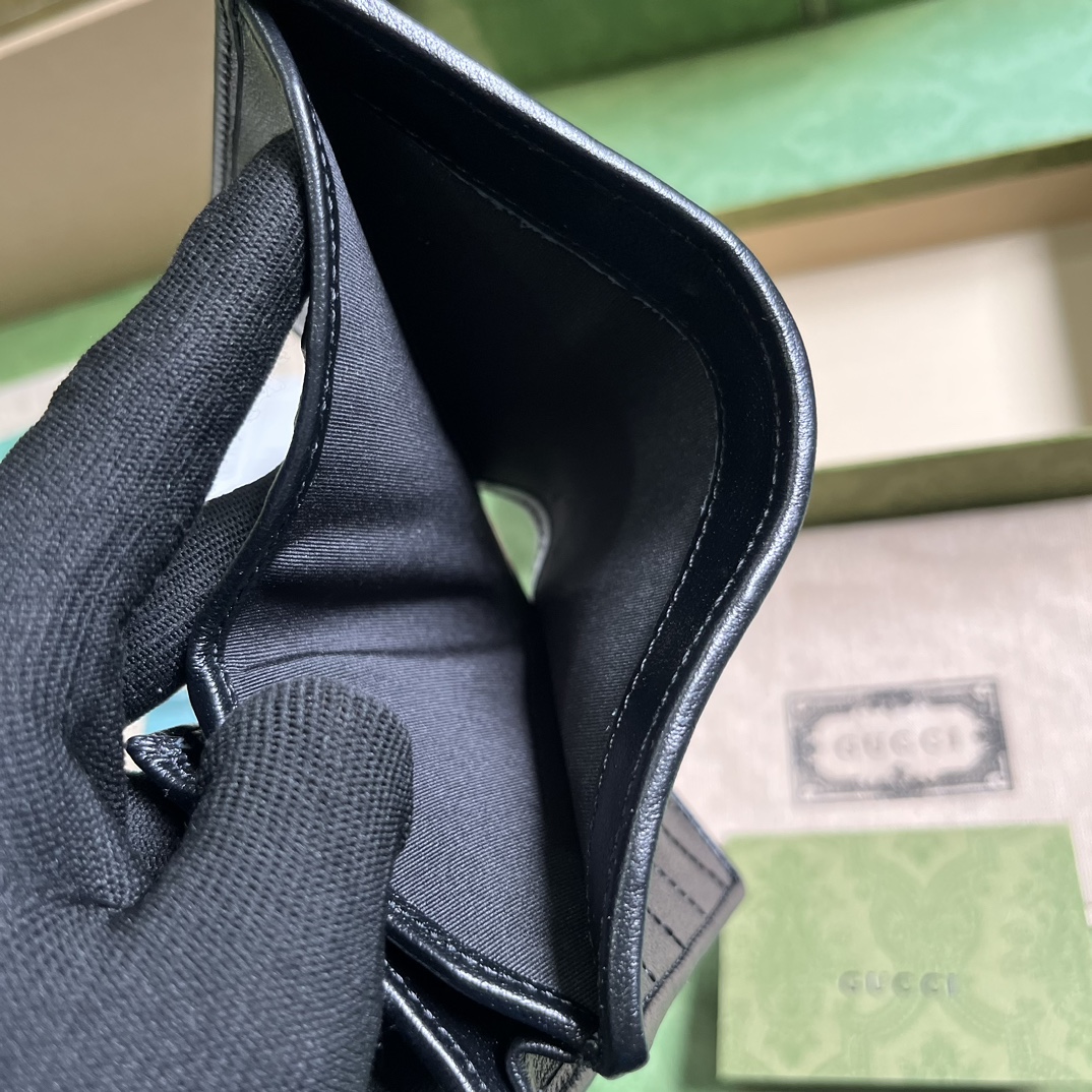 Gucci GG Unisex Blondie Card Case Wallet Black Leather Taffeta Lining Round Interlocking G