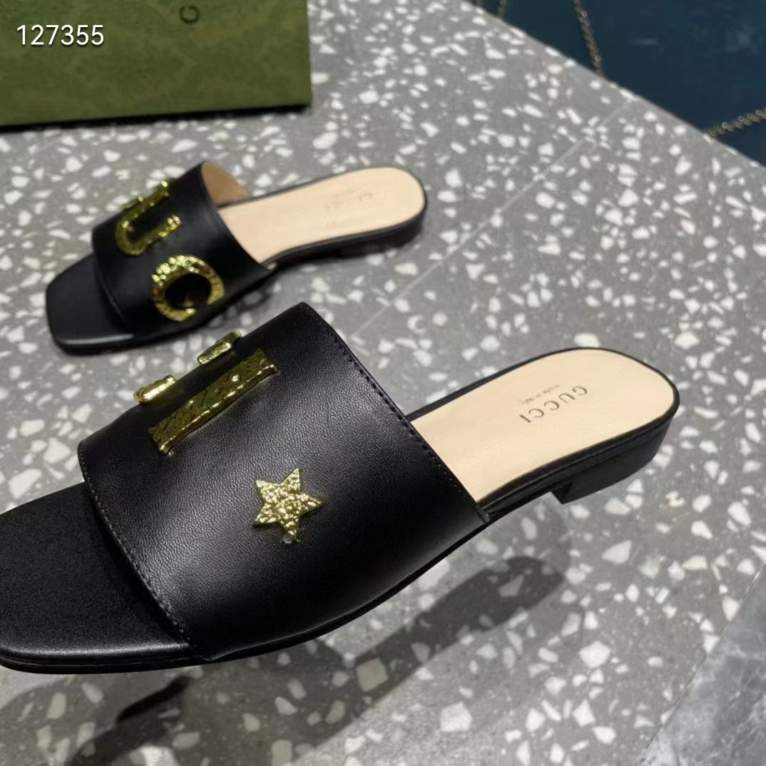 Gucci Women GG Slide Sandal Black Leather Textured Logo Star Flat 1 Cm Heel