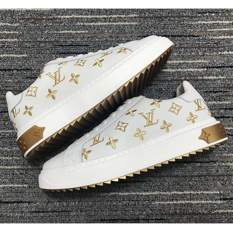 Louis Vuitton Unisex LV Time Out Sneaker Gold White Embroidered Calf Leather