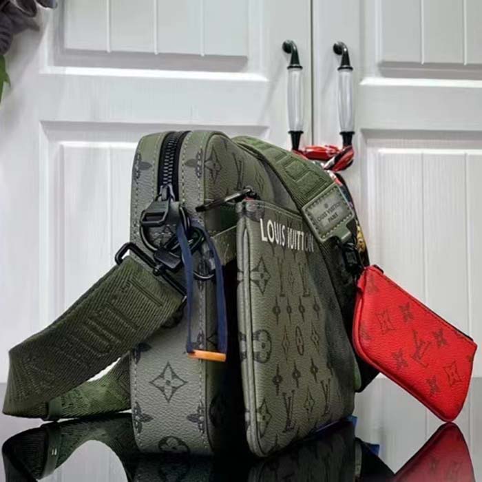 Louis Vuitton LV Unisex Trio Messenger Khaki Green Vermillion Red Monogram Canvas Cowhide Leather
