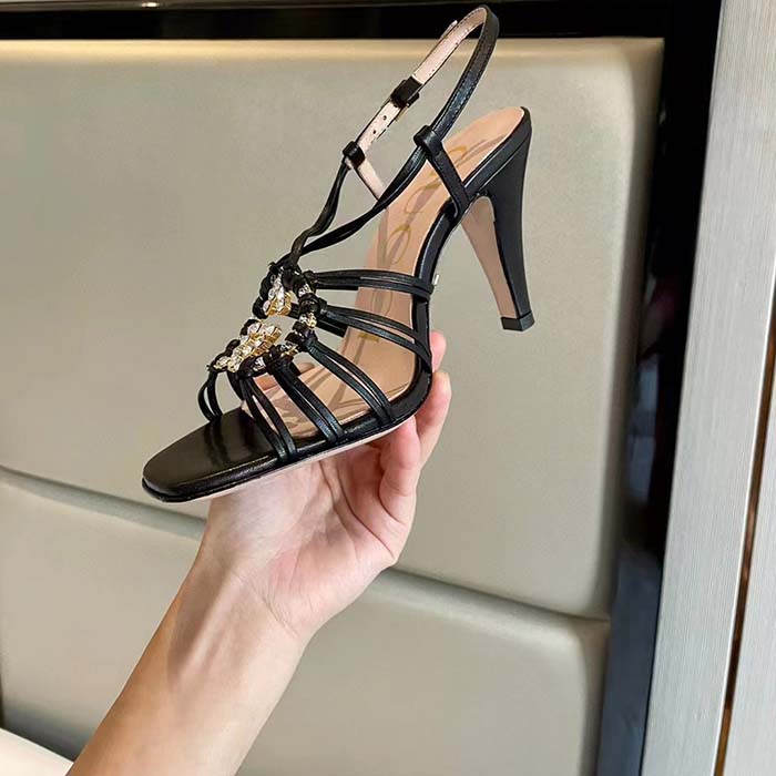Gucci Women GG Sandal Interlocking G Black Leather High 9 Cm Heel