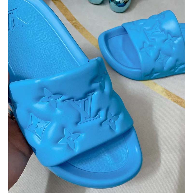 Louis Vuitton LV Unisex Waterfront Mule Blue Monogram Embossed Rubber Waterproof