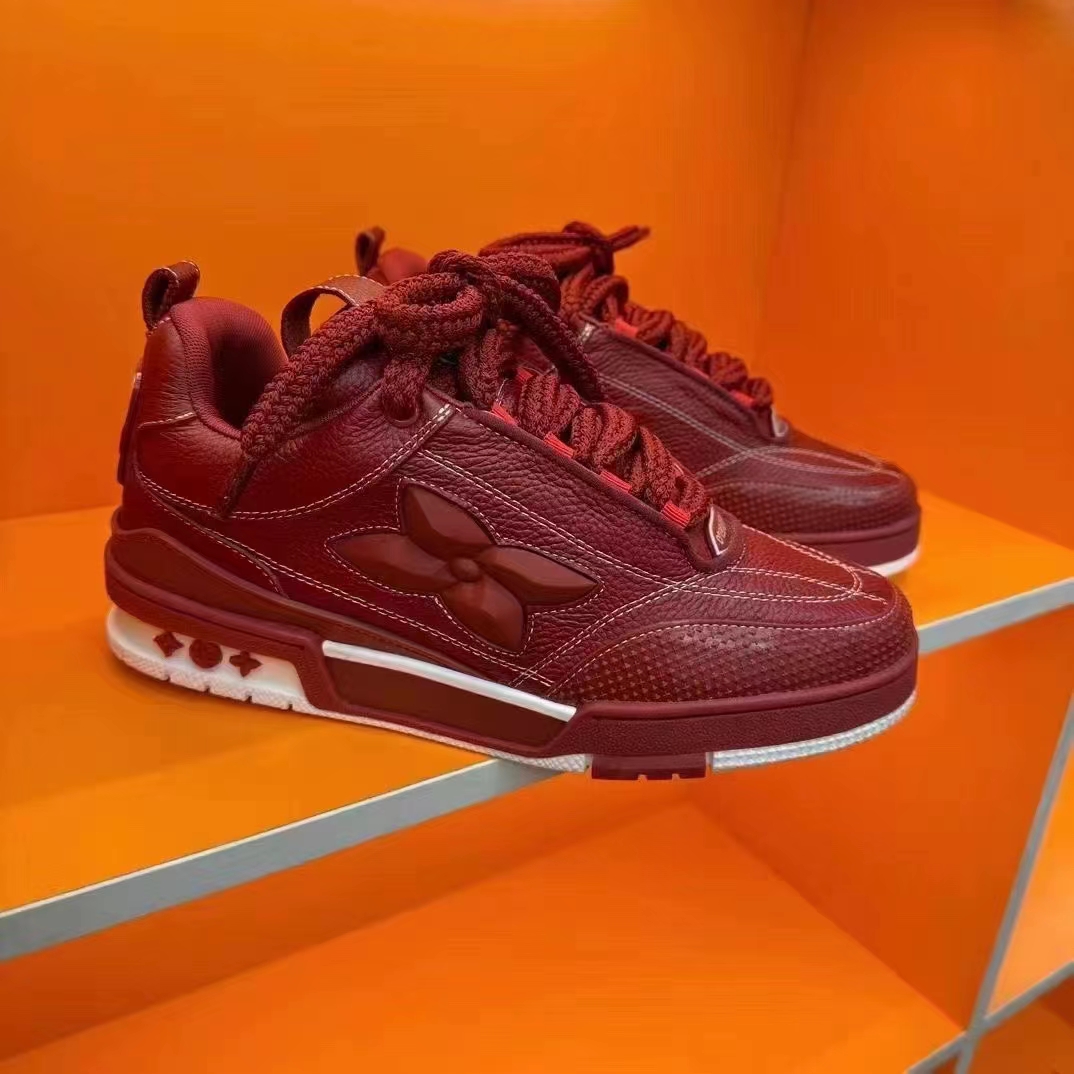 Louis Vuitton Unisex LV Skate Sneaker Bordeaux Red Grained Calf Leather Double Laces Rubber Outsole