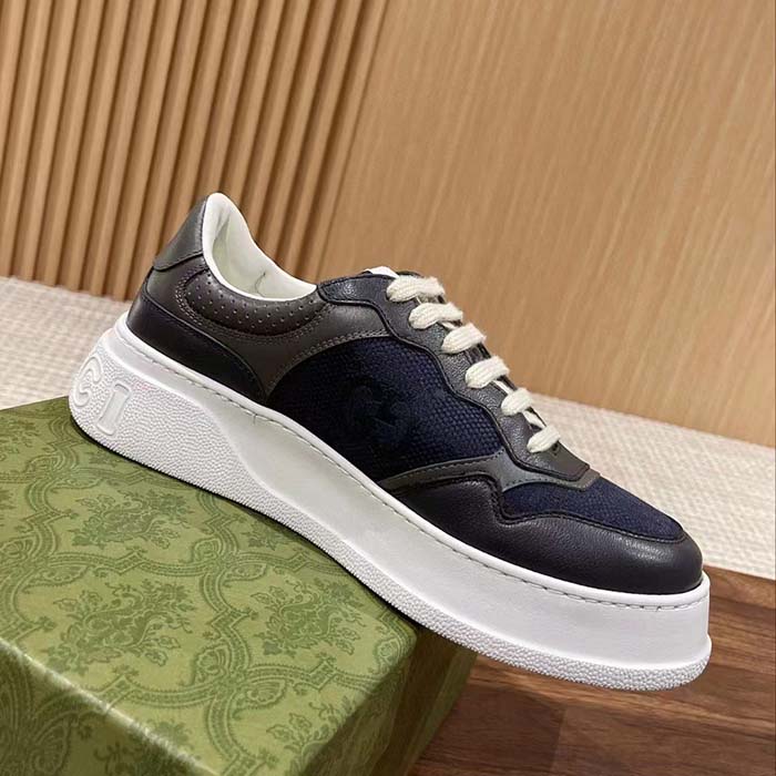 Gucci Unisex GG Lace Up Sneaker Grey Leather Blue Black GG Canvas