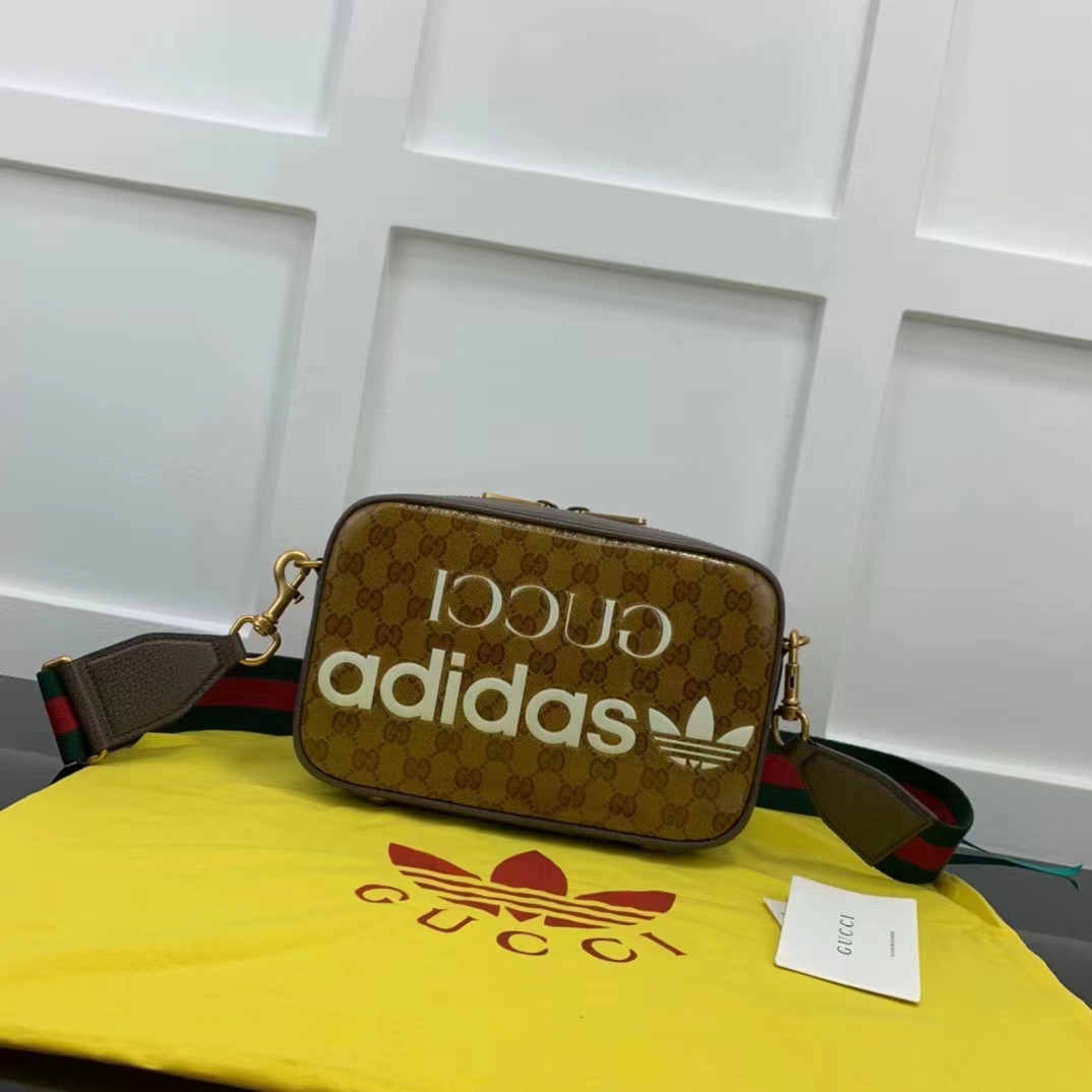 Gucci Unisex Adidas x Gucci Small Shoulder Bag Beige Brown GG Crystal Canvas