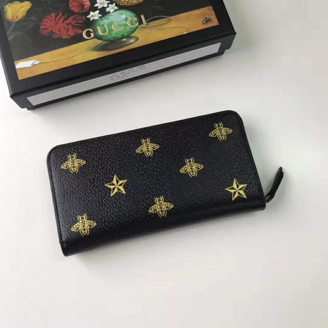 Gucci GG Unisex Bee Star Leather Zip Around Wallet in Black Metal-Free Tanned Leather