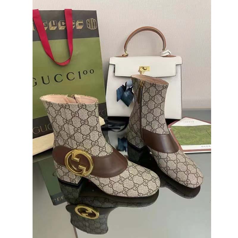Gucci Blondie Women’s Ankle Boot Beige Ebony GG Supreme Canvas Low 5 Cm Heel
