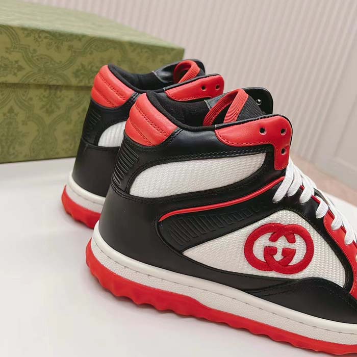 Gucci Unisex Mac80 High Top Sneaker Off Black Red Leather Round Toe Rubber Sole Flat