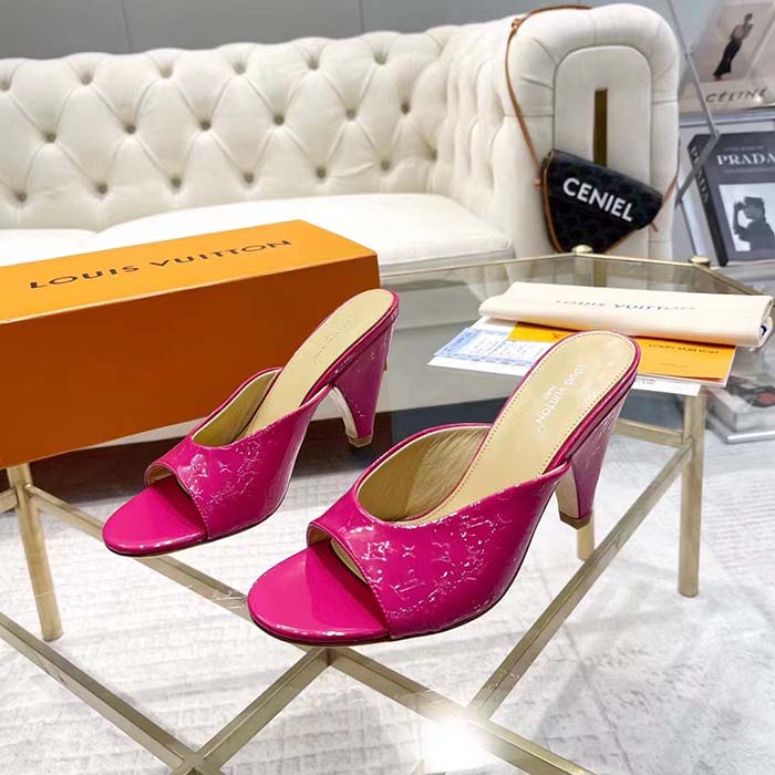 Louis Vuitton LV Women Super Mule Fuchsia Monogram-Debossed Patent Calf Leather 10 CM Heel