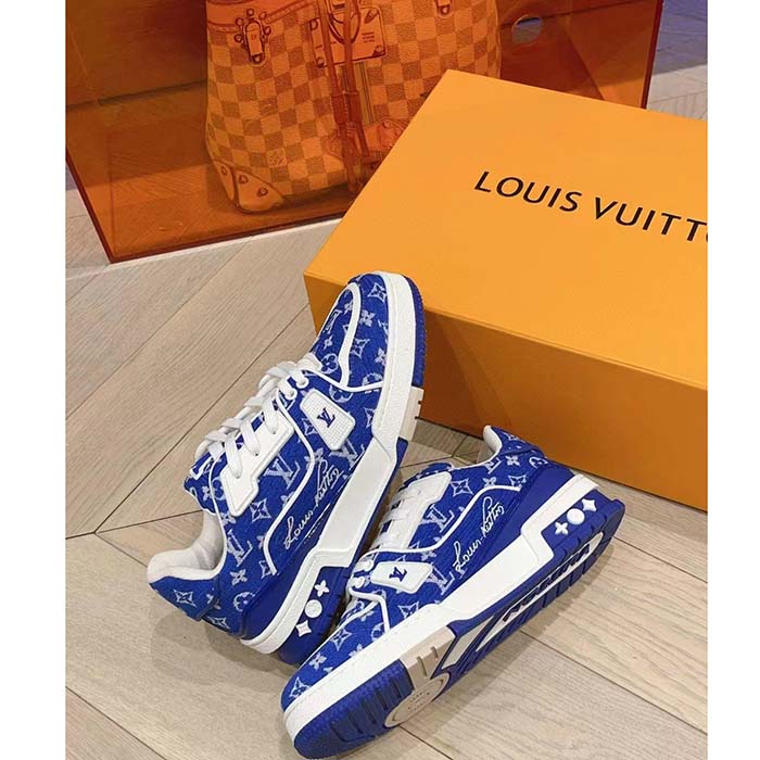 Louis Vuitton LV Unisex LV Trainer Sneaker Blue Monogram Textile Rubber Outsole