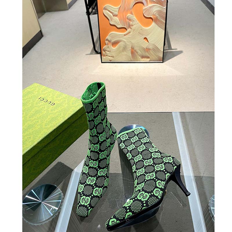 Gucci Women GG Knit Ankle Boots Black Green GG Technical Fabric Leather Mid-Heel