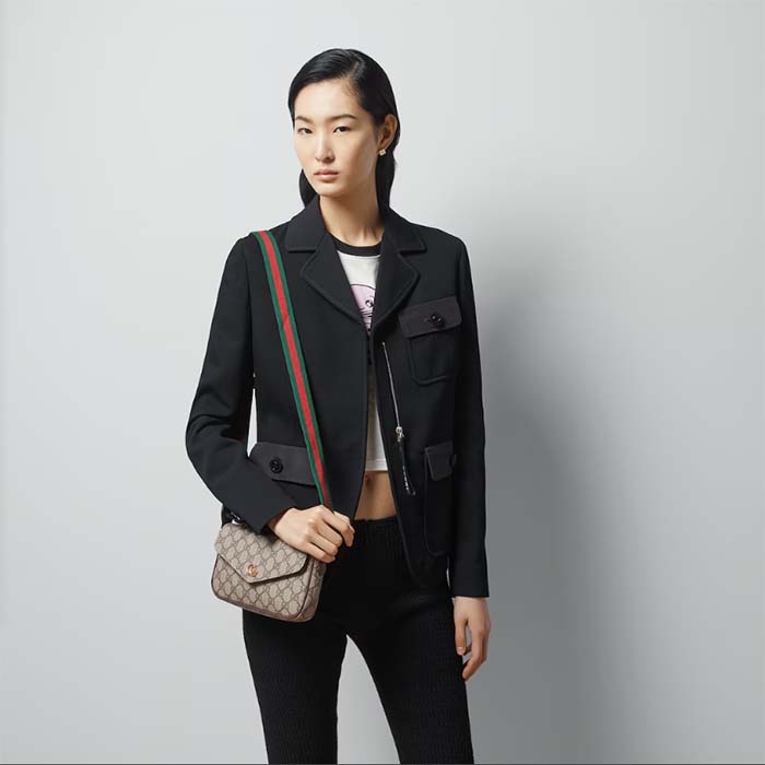 Gucci Unisex Ophidia Mini Bag Beige Ebony GG Supreme Canvas Brown Leather Double G