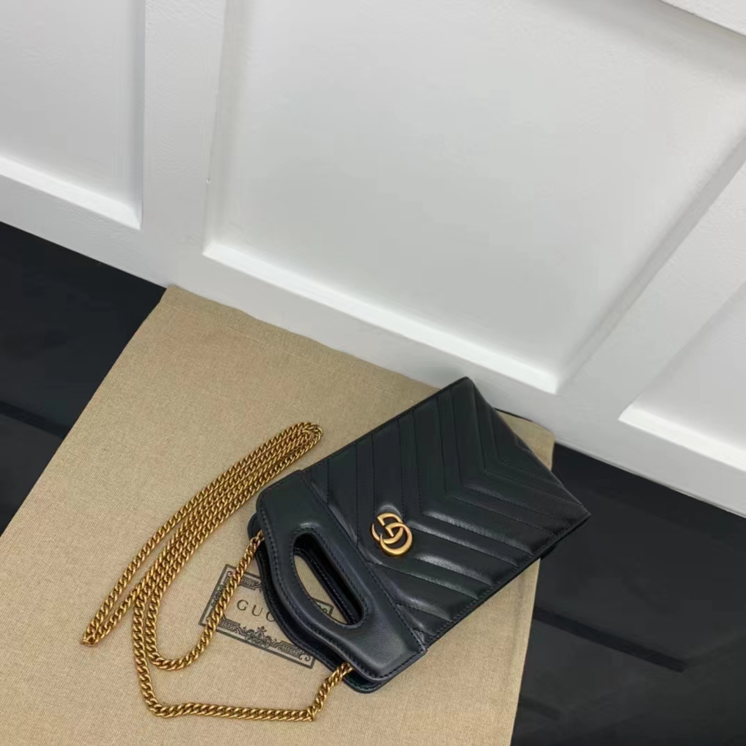 Gucci Women GG Marmont Top Handle Mini Bag Black Matelassé Chevron Leather