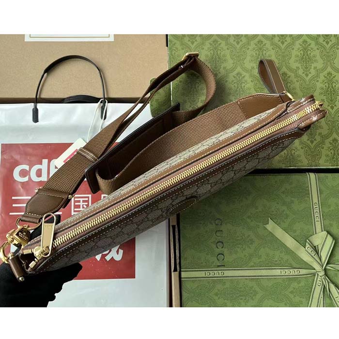 Gucci Unisex Messenger Bag Interlocking G Beige Ebony GG Supreme Canvas Brown Leather