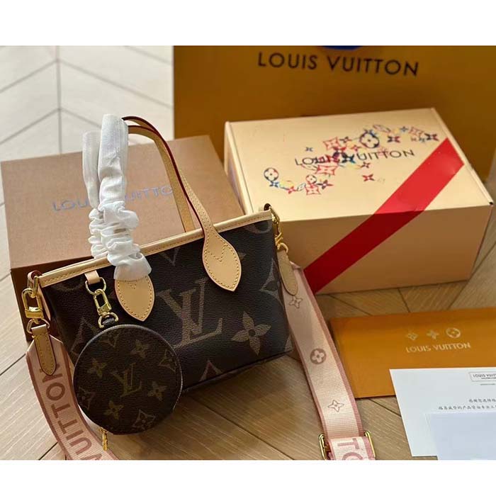 Louis Vuitton LV Women Neverfull BB Peony Pink Monogram Coated Canvas Natural Cowhide Leather