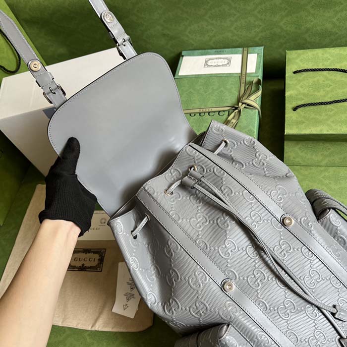 Gucci GG Unisex GG Embossed Backpack Grey GG Embossed Leather