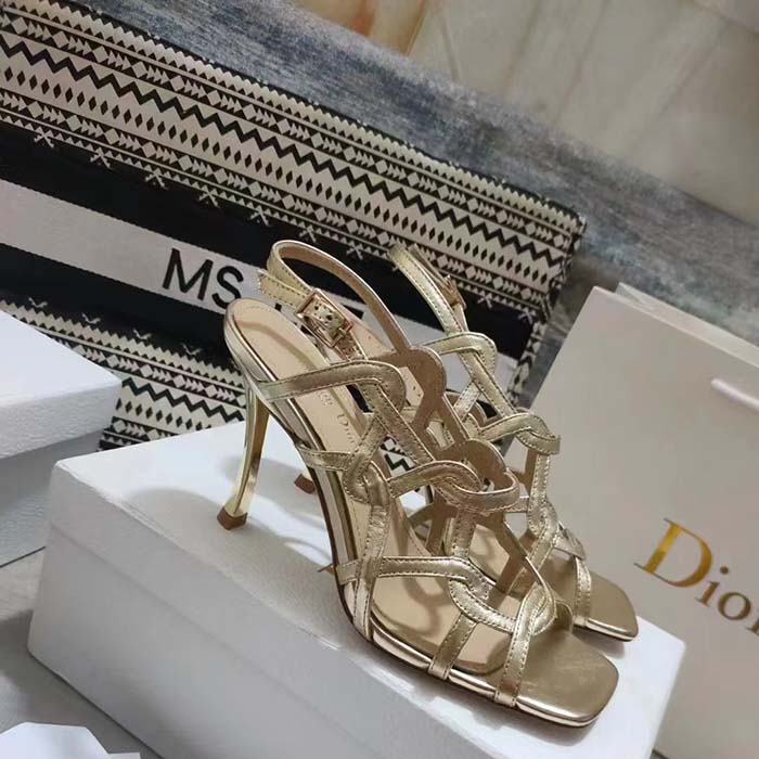 Dior Women CD D-Fame Heeled Sandal Gold-Tone Laminated Lambskin