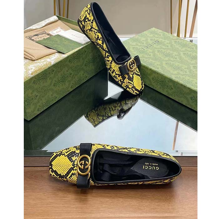 Gucci Women GG Python Ballet Flat Yellow Black Leather Interlocking G Black Leather Bow