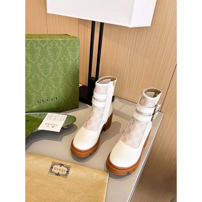 Gucci Women GG Ankle Boot Buckles White Leather Rubber Sole Mid-Heel